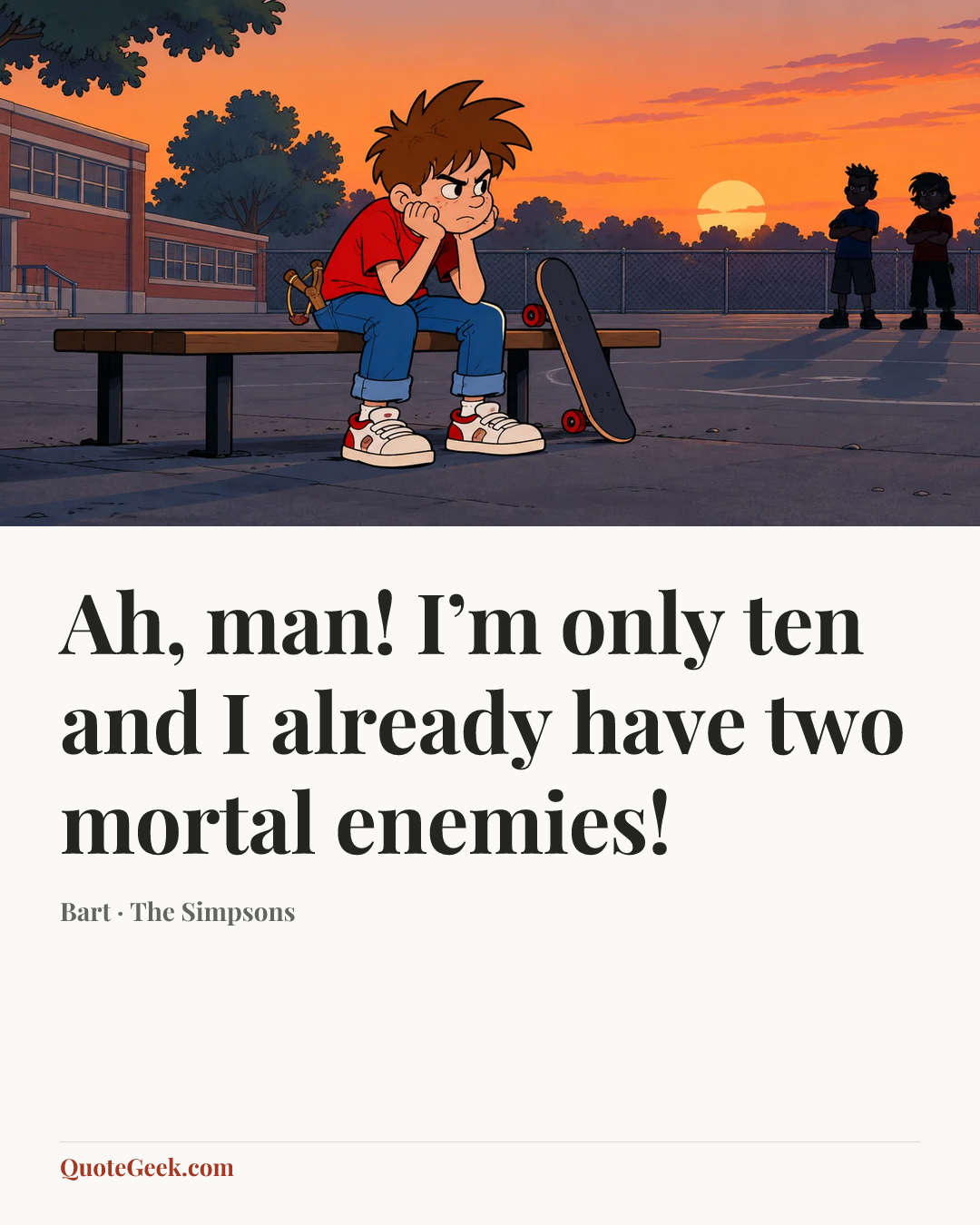 “Ah, man! I’m only ten and I already have two mortal enemies!” — Bart · The Simpsons. Illustrated QuoteGeek card.