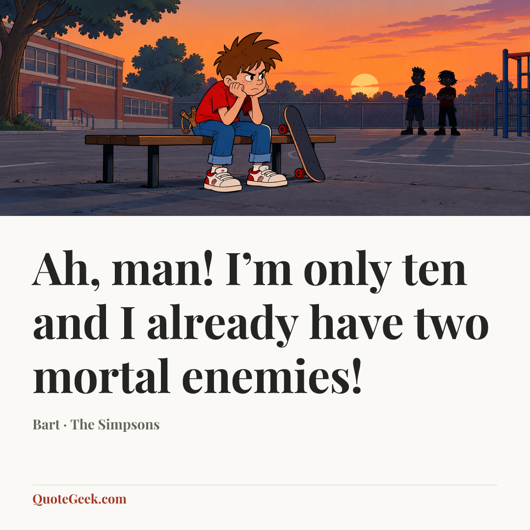 “Ah, man! I’m only ten and I already have two mortal enemies!” — Bart · The Simpsons. Illustrated QuoteGeek card.