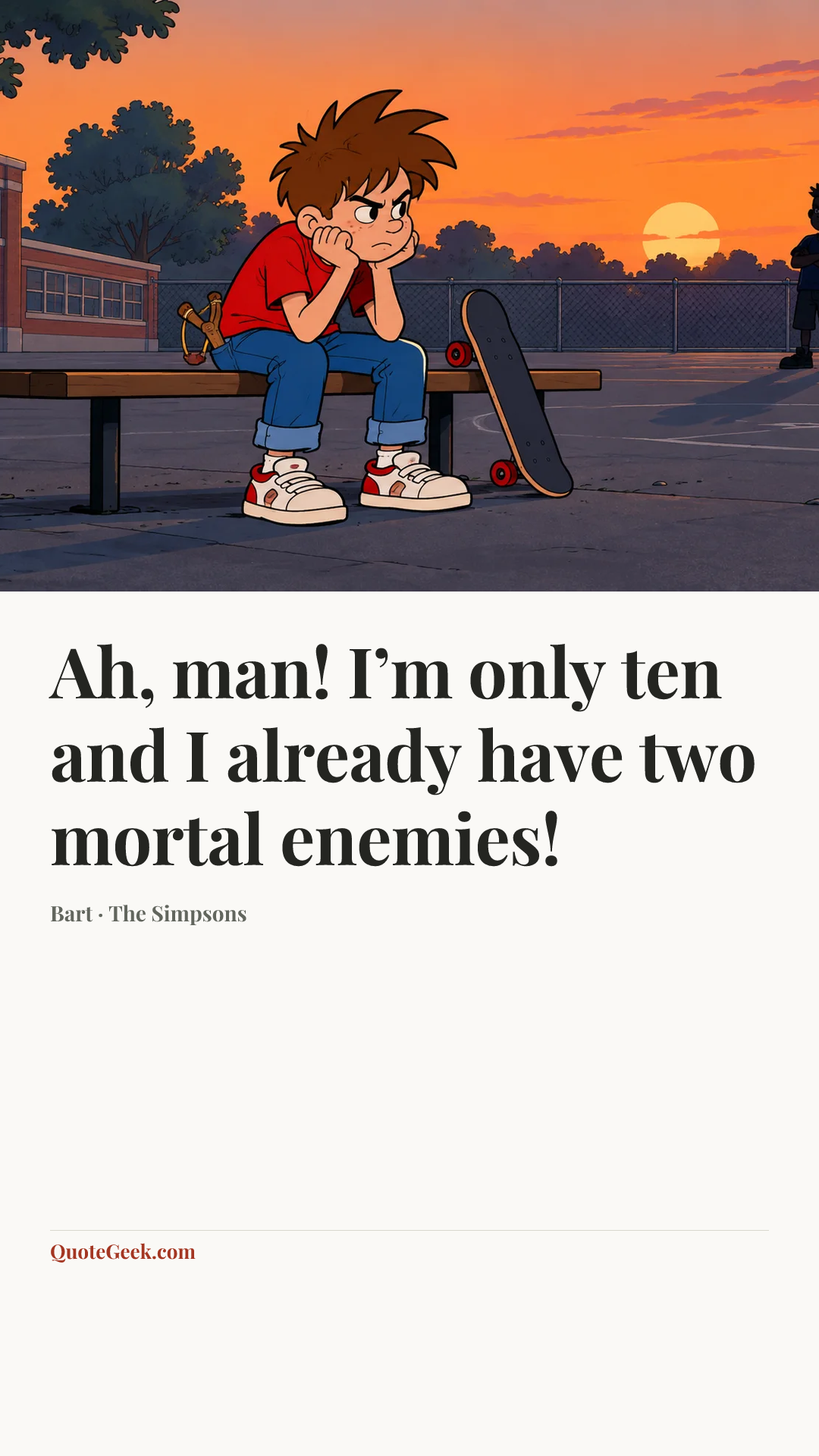 “Ah, man! I’m only ten and I already have two mortal enemies!” — Bart · The Simpsons. Illustrated QuoteGeek card.