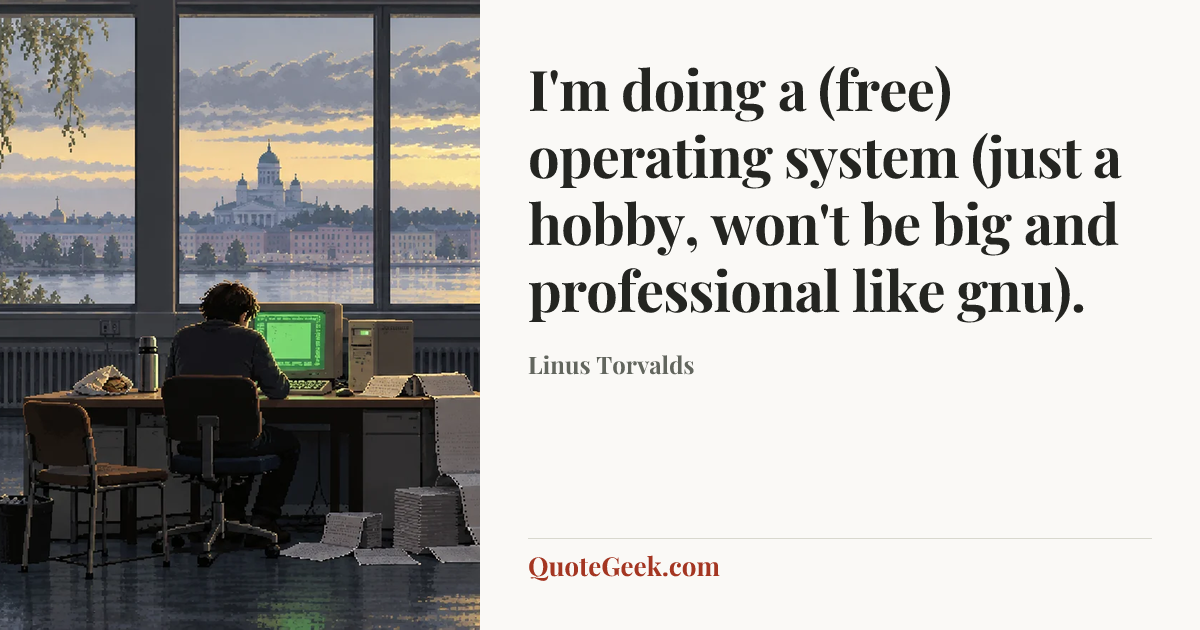 “I'm doing a (free) operating system (just a hobby, won't be big and professional like gnu).” — Linus Torvalds. Illustrated QuoteGeek card.
