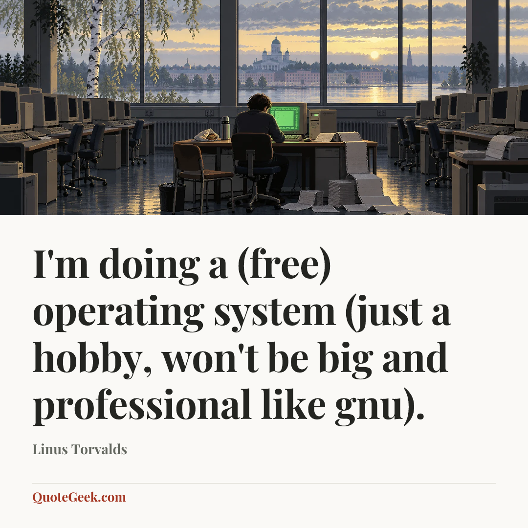 “I'm doing a (free) operating system (just a hobby, won't be big and professional like gnu).” — Linus Torvalds. Illustrated QuoteGeek card.