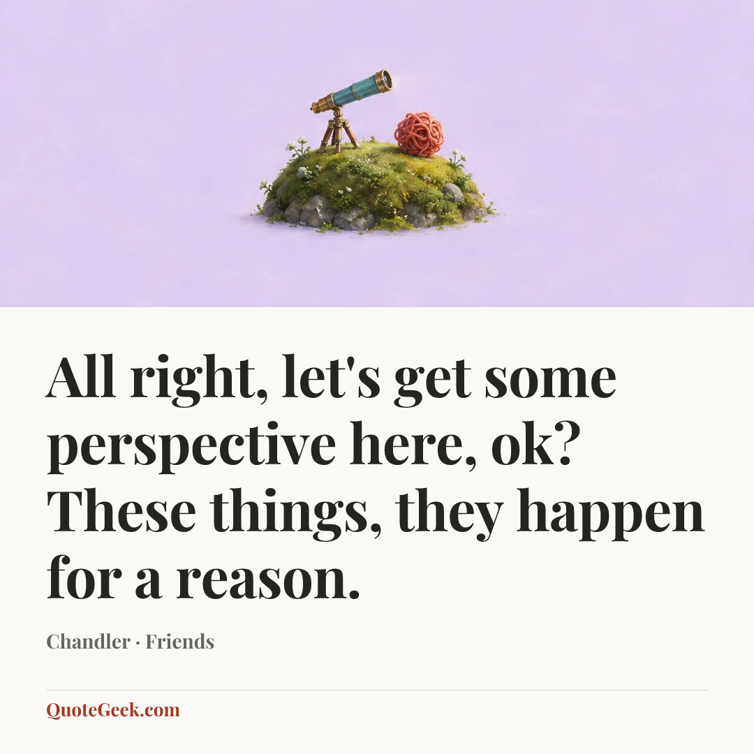 “All right, let's get some perspective here, ok? These things, they happen for a reason.” — Chandler · Friends. Illustrated QuoteGeek card.