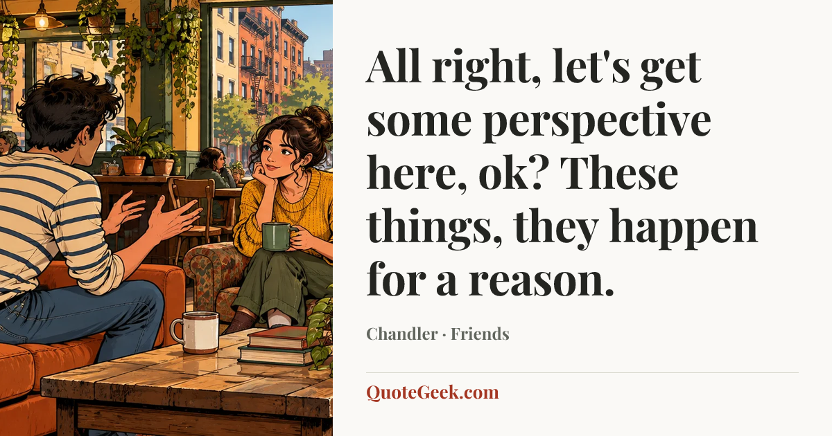 “All right, let's get some perspective here, ok? These things, they happen for a reason.” — Chandler · Friends. Illustrated QuoteGeek card.