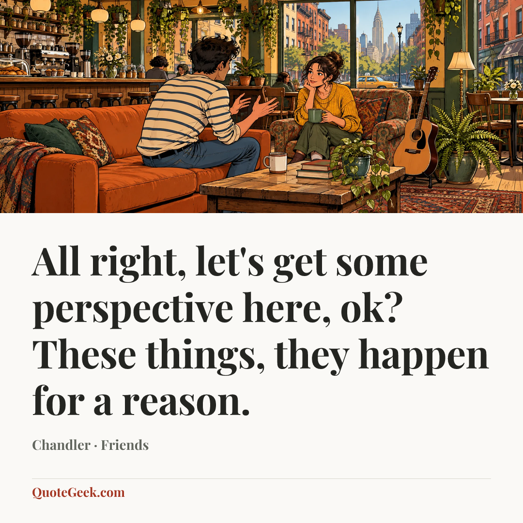 “All right, let's get some perspective here, ok? These things, they happen for a reason.” — Chandler · Friends. Illustrated QuoteGeek card.