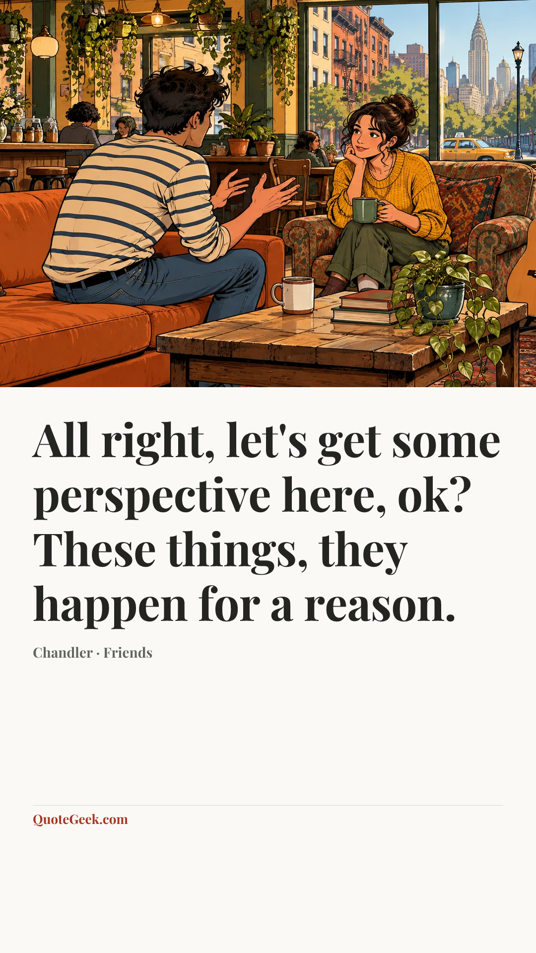 “All right, let's get some perspective here, ok? These things, they happen for a reason.” — Chandler · Friends. Illustrated QuoteGeek card.