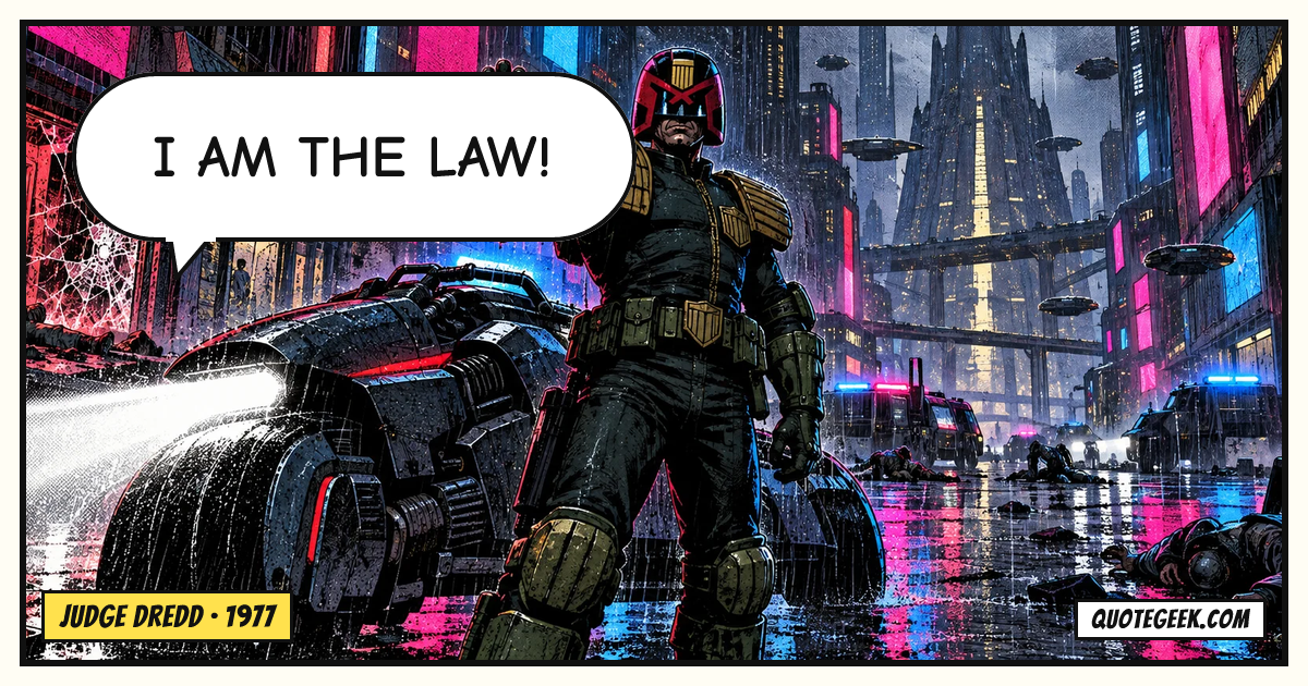 “I am the law!” — Judge Dredd · Judge Dredd. Illustrated QuoteGeek card.