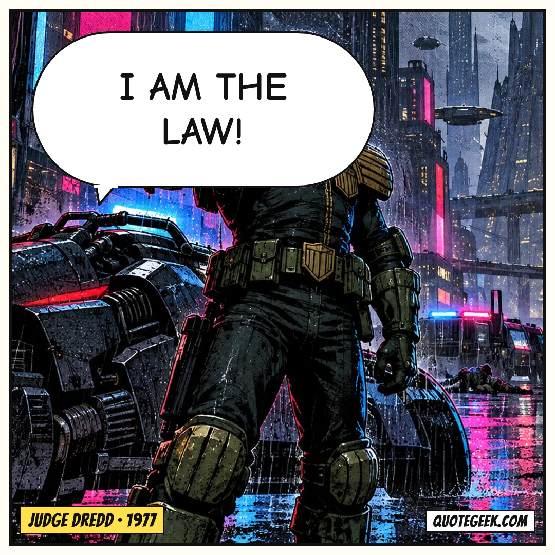 “I am the law!” — Judge Dredd · Judge Dredd. Illustrated QuoteGeek card.