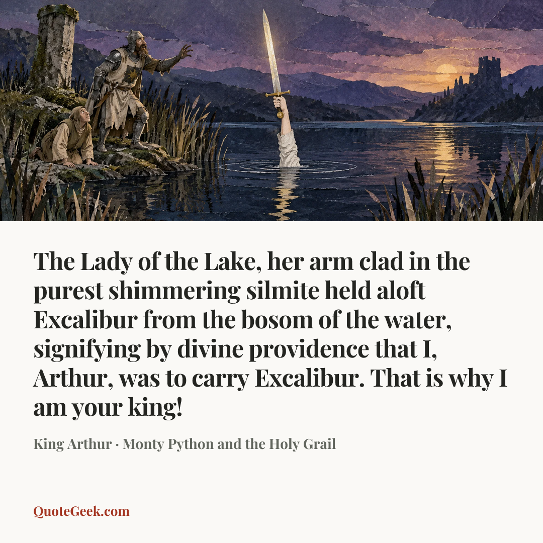 “The Lady of the Lake, her arm clad in the purest shimmering silmite held aloft Excalibur from the bosom of the water, signifying by divine providence that I, Arthur, was to carry Excalibur. That is why I am your king!” — King Arthur · Monty Python and the Holy Grail. Illustrated QuoteGeek card.