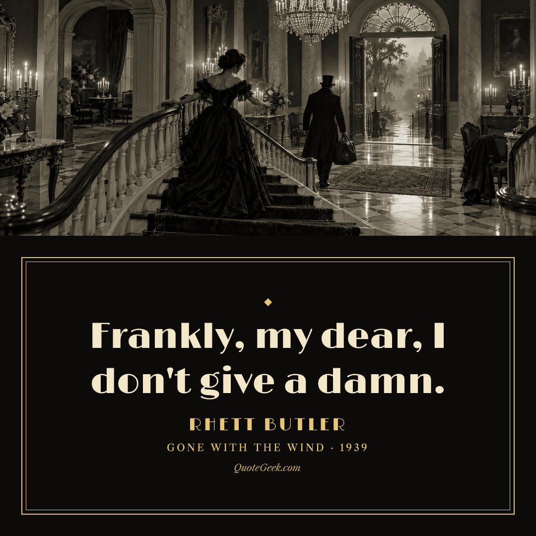 “Frankly, my dear, I don't give a damn.” — Rhett Butler · Gone with the Wind. Illustrated QuoteGeek card.