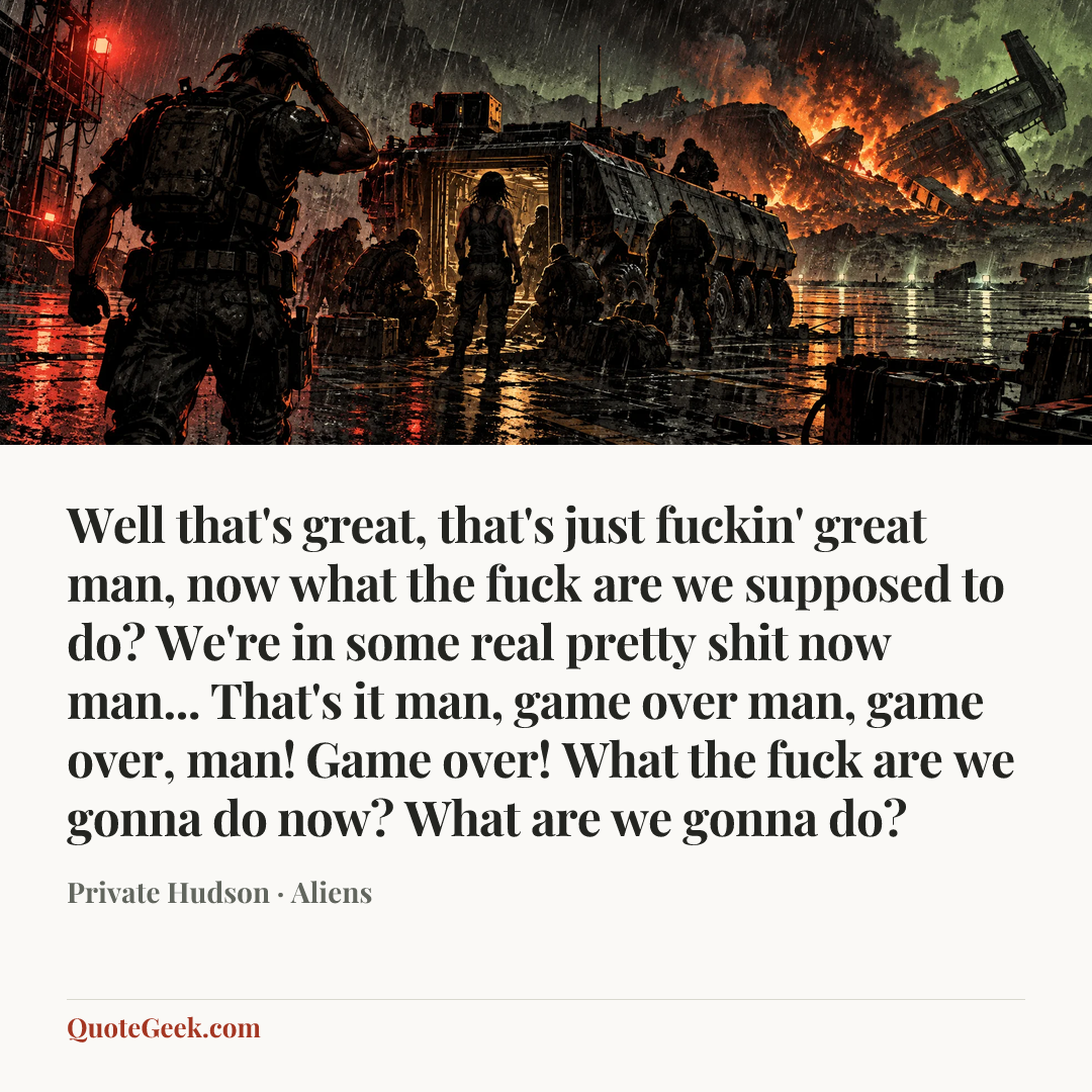 “Well that's great, that's just fuckin' great man, now what the fuck are we supposed to do? We're in some real pretty shit now man... That's it man, game over man, game over, man! Game over! What the fuck are we gonna do now? What are we gonna do?” — Private Hudson · Aliens. Illustrated QuoteGeek card.