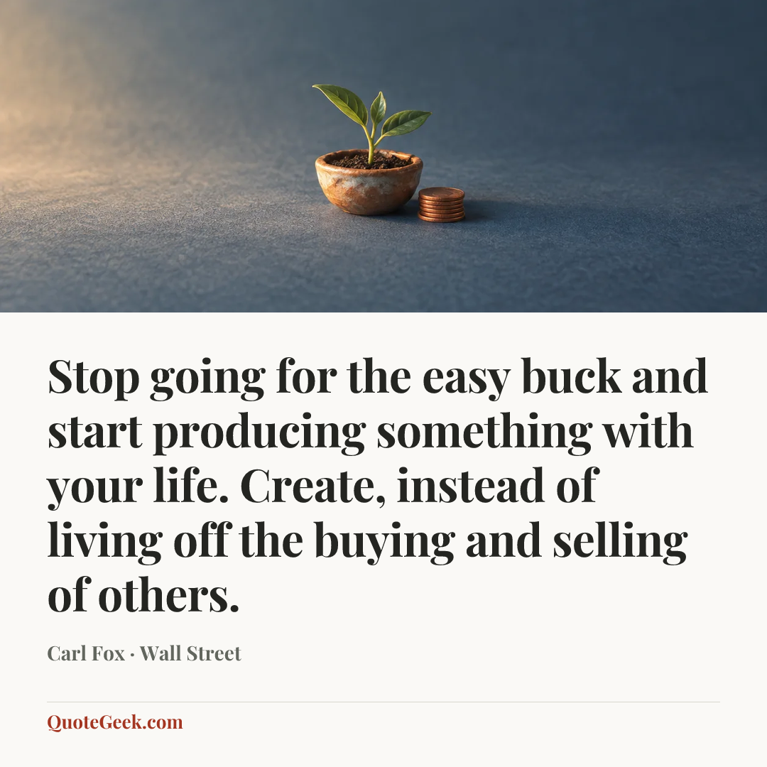 “Stop going for the easy buck and start producing something with your life. Create, instead of living off the buying and selling of others.” — Carl Fox · Wall Street. Illustrated QuoteGeek card.