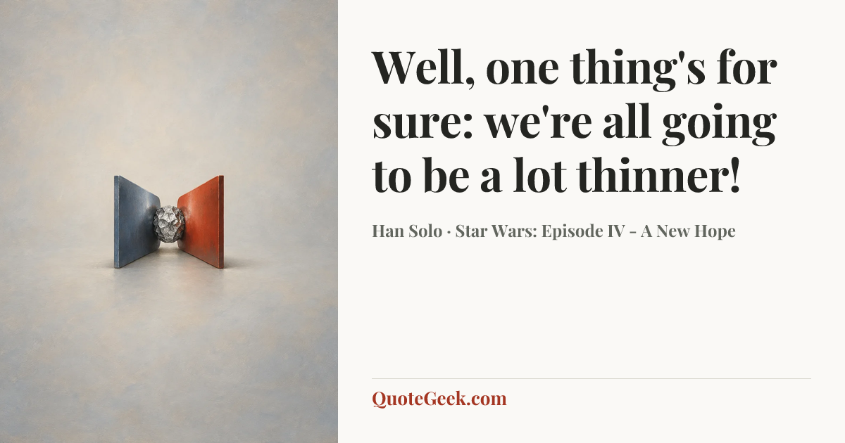“Well, one thing's for sure: we're all going to be a lot thinner!” — Han Solo · Star Wars: Episode IV - A New Hope. Illustrated QuoteGeek card.
