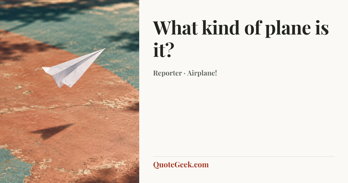 “What kind of plane is it?” — Reporter · Airplane!. Illustrated QuoteGeek card.