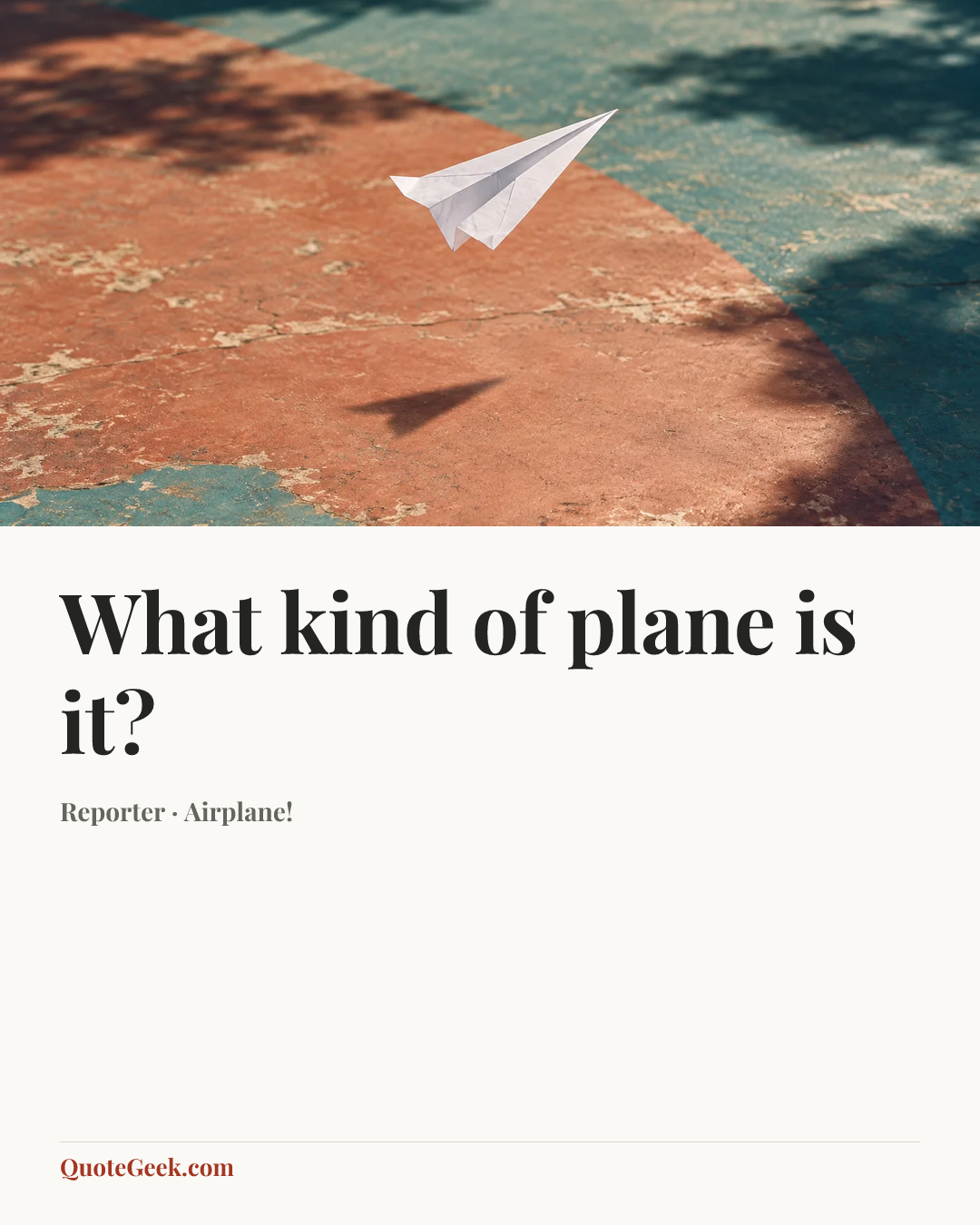 “What kind of plane is it?” — Reporter · Airplane!. Illustrated QuoteGeek card.
