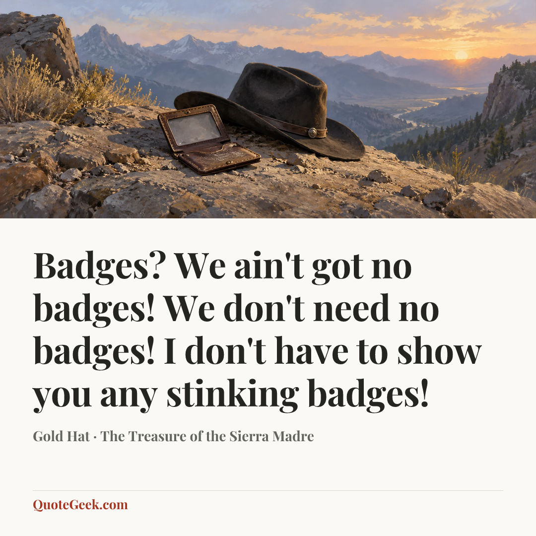 “Badges? We ain't got no badges! We don't need no badges! I don't have to show you any stinking badges!” — Gold Hat · The Treasure of the Sierra Madre. Illustrated QuoteGeek card.