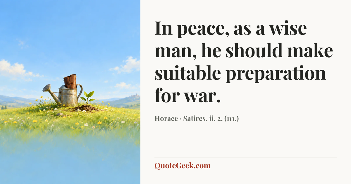 “In peace, as a wise man, he should make suitable preparation for war.” — Horace · Satires. ii. 2. (111.). Illustrated QuoteGeek card.