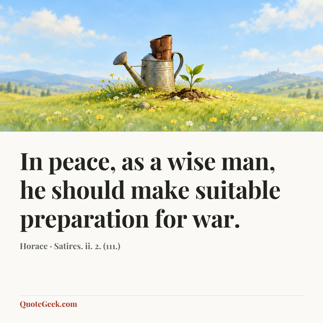 “In peace, as a wise man, he should make suitable preparation for war.” — Horace · Satires. ii. 2. (111.). Illustrated QuoteGeek card.
