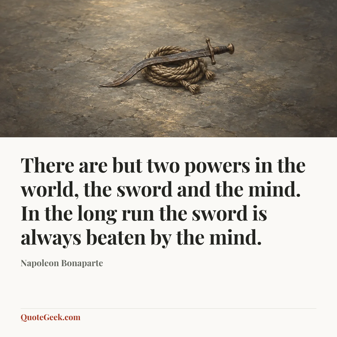 “There are but two powers in the world, the sword and the mind. In the long run the sword is always beaten by the mind.” — Napoleon Bonaparte. Illustrated QuoteGeek card.