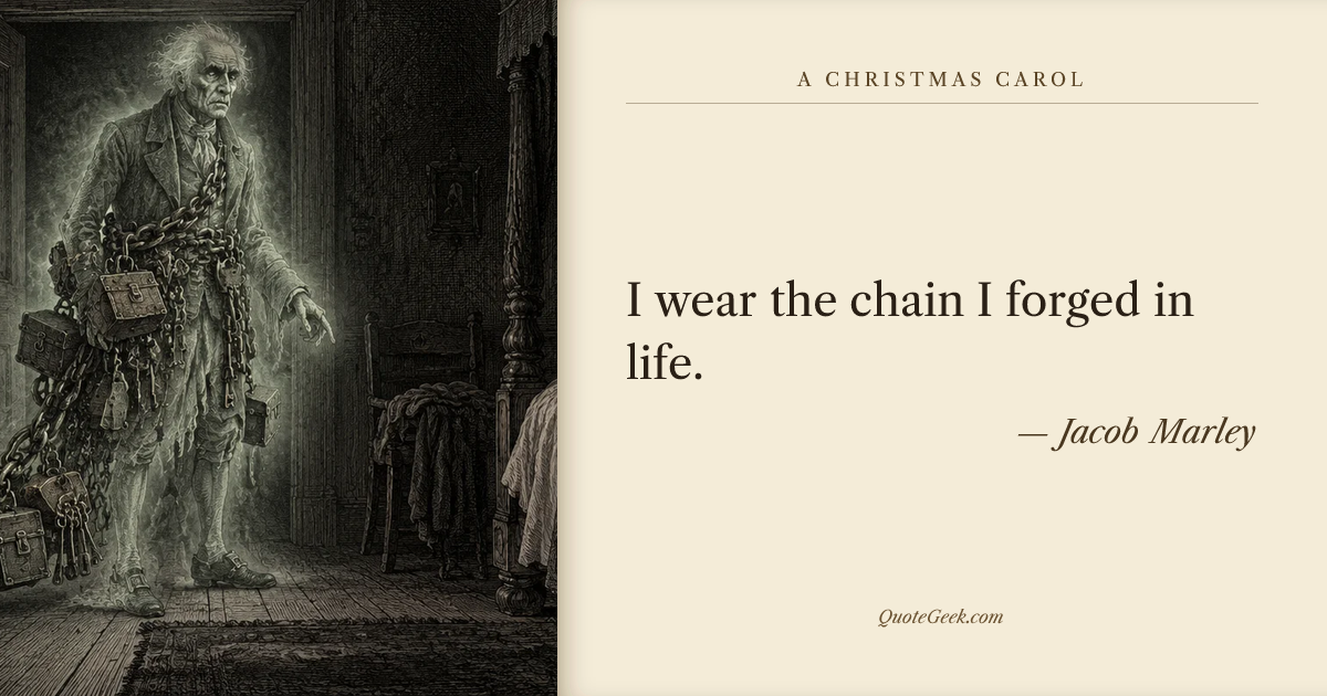 “I wear the chain I forged in life.” — Jacob Marley · A Christmas Carol. Illustrated QuoteGeek card.