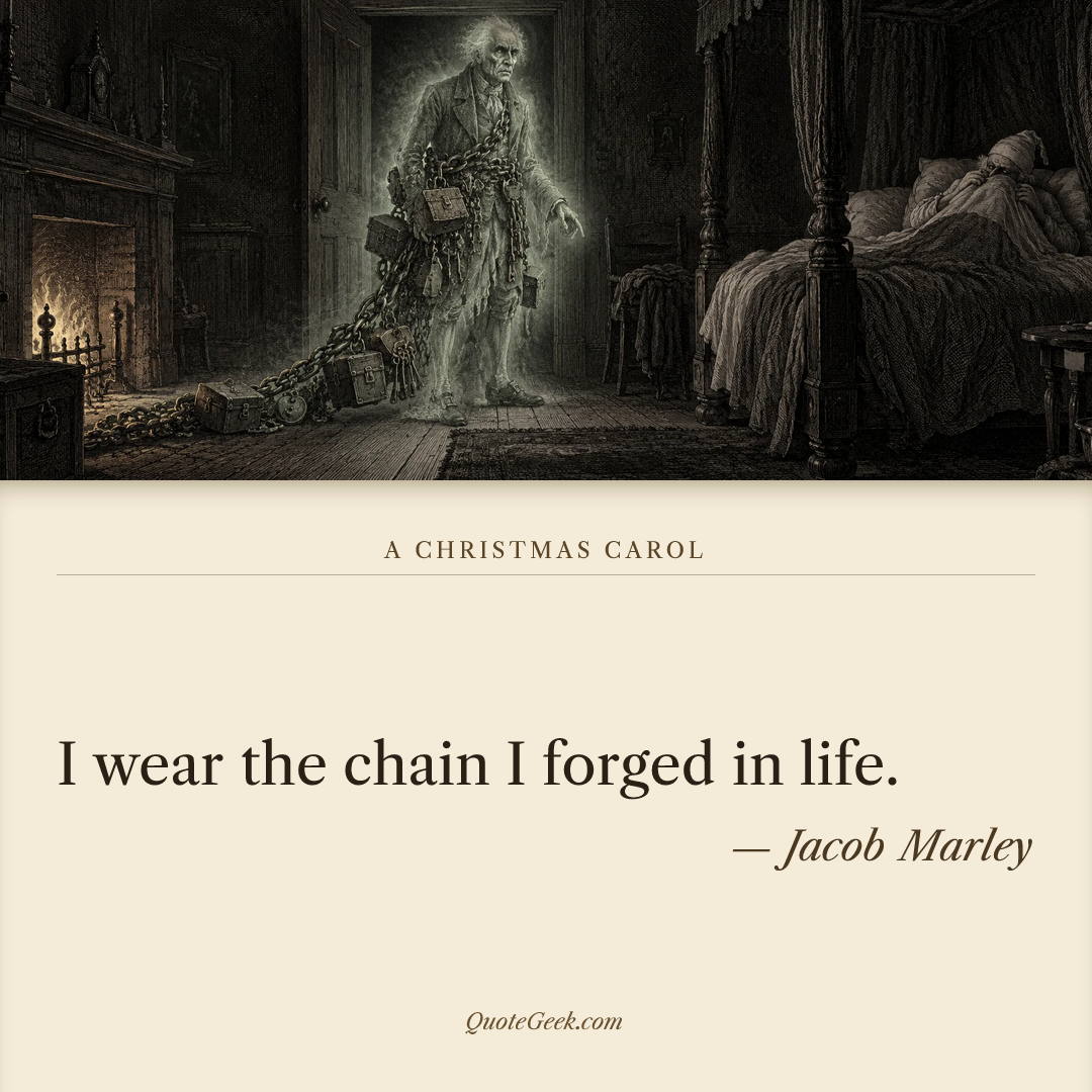 “I wear the chain I forged in life.” — Jacob Marley · A Christmas Carol. Illustrated QuoteGeek card.