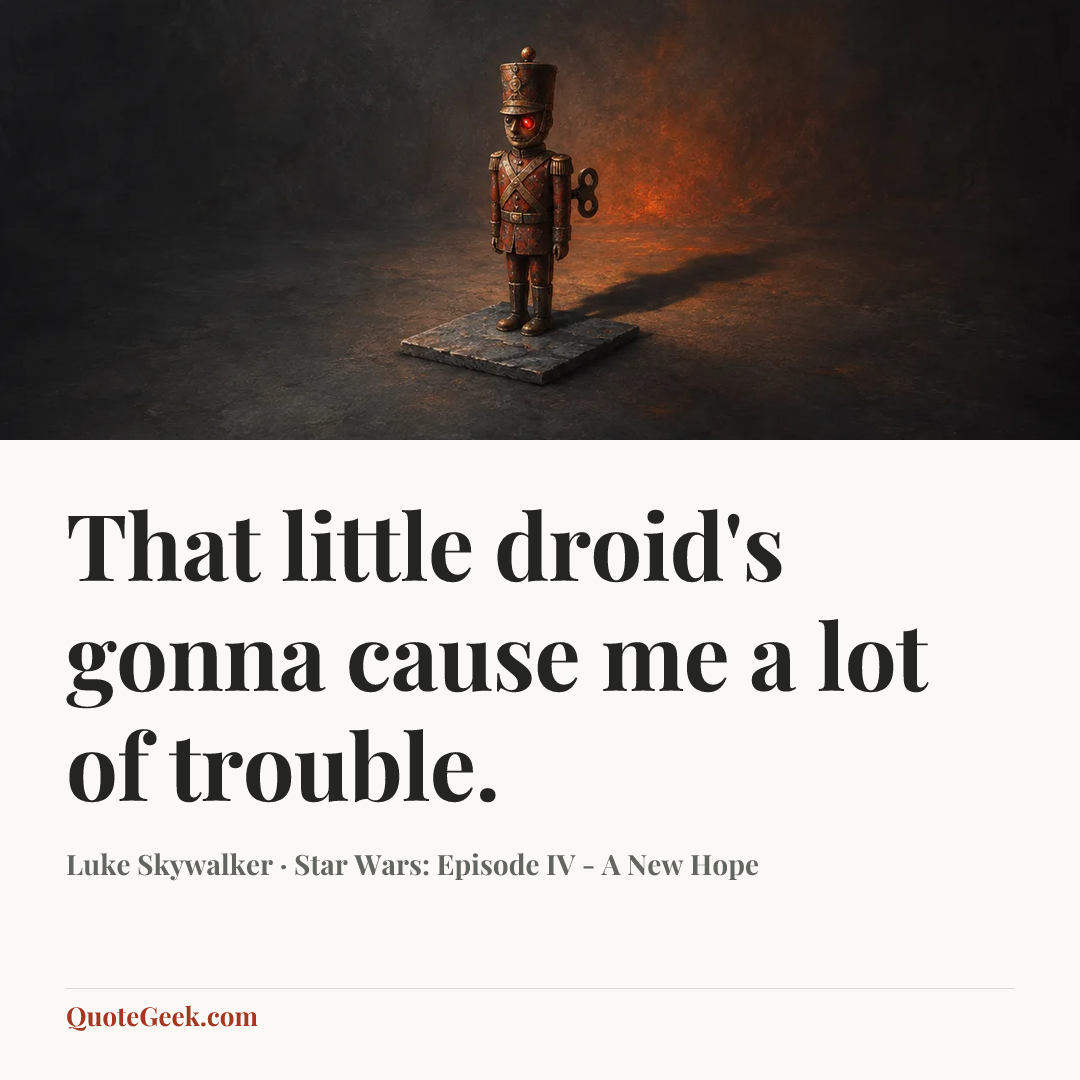 “That little droid's gonna cause me a lot of trouble.” — Luke Skywalker · Star Wars: Episode IV - A New Hope. Illustrated QuoteGeek card.