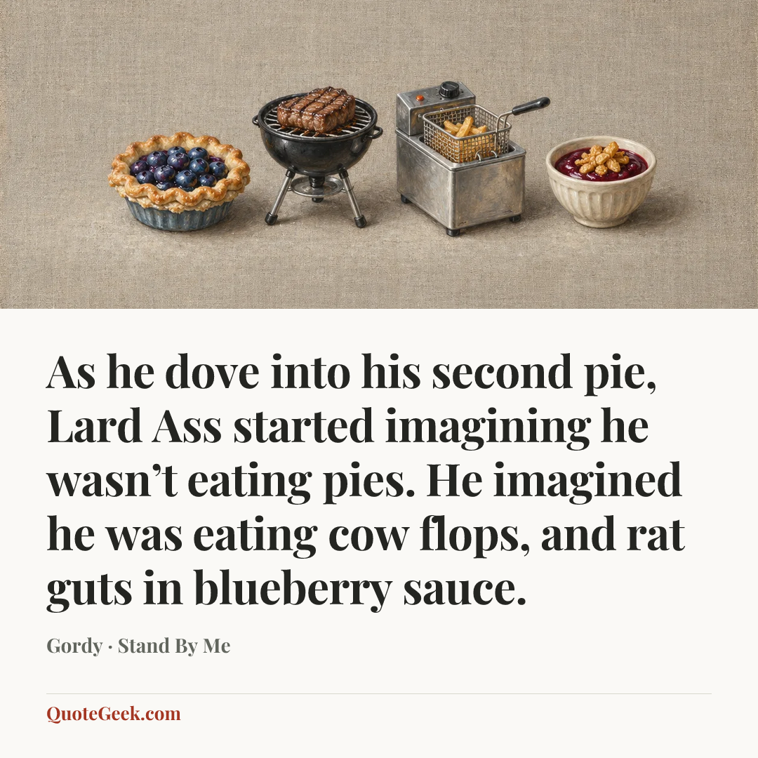 “As he dove into his second pie, Lard Ass started imagining he wasn’t eating pies. He imagined he was eating cow flops, and rat guts in blueberry sauce.” — Gordy · Stand By Me. Illustrated QuoteGeek card.
