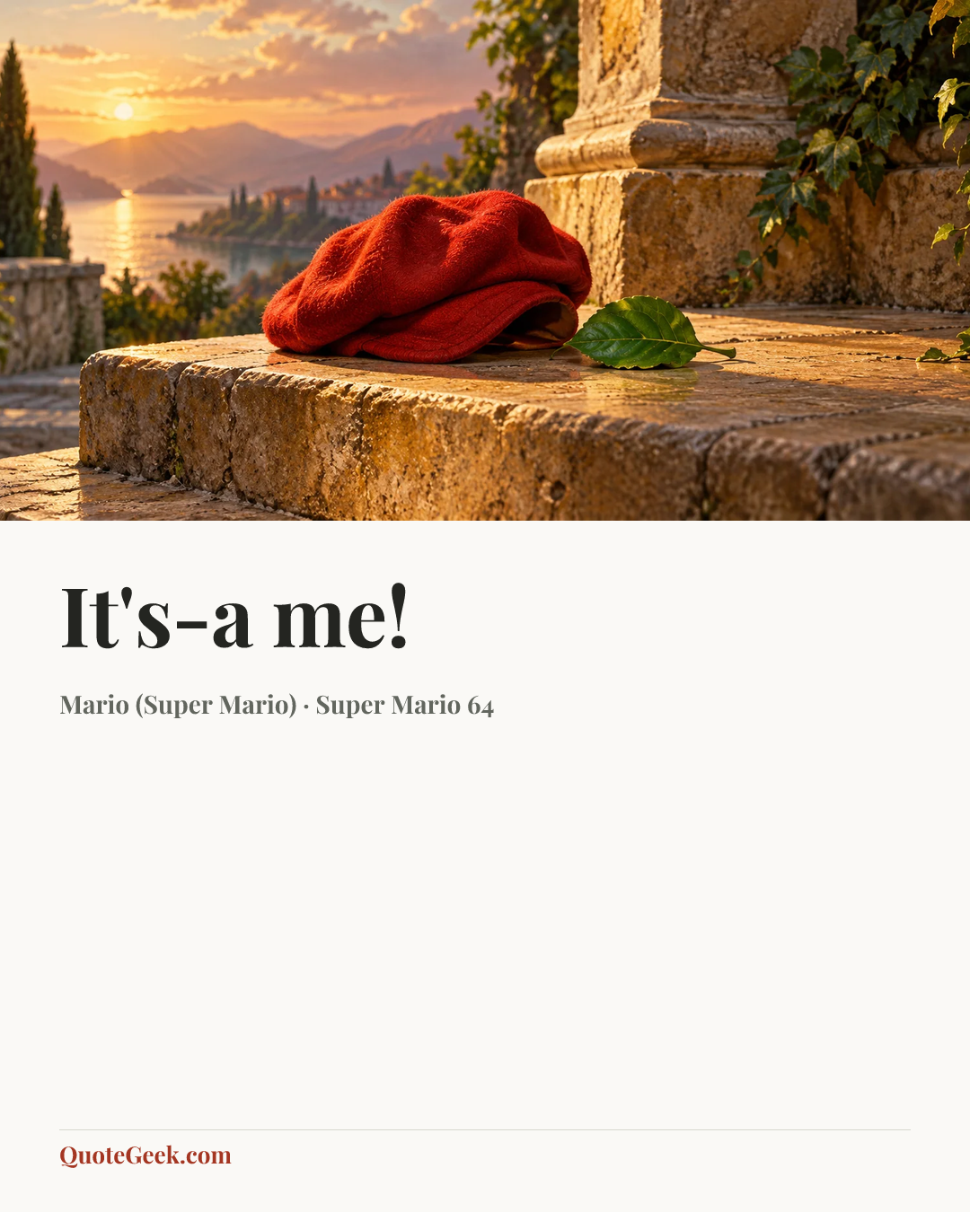 “It's-a me!” — Mario (Super Mario) · Super Mario 64. Illustrated QuoteGeek card.