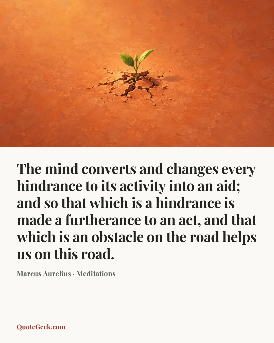 “The mind converts and changes every hindrance to its activity into an aid; and so that which is a hindrance is made a furtherance to an act, and that which is an obstacle on the road helps us on this road.” — Marcus Aurelius · Meditations. Illustrated QuoteGeek card.