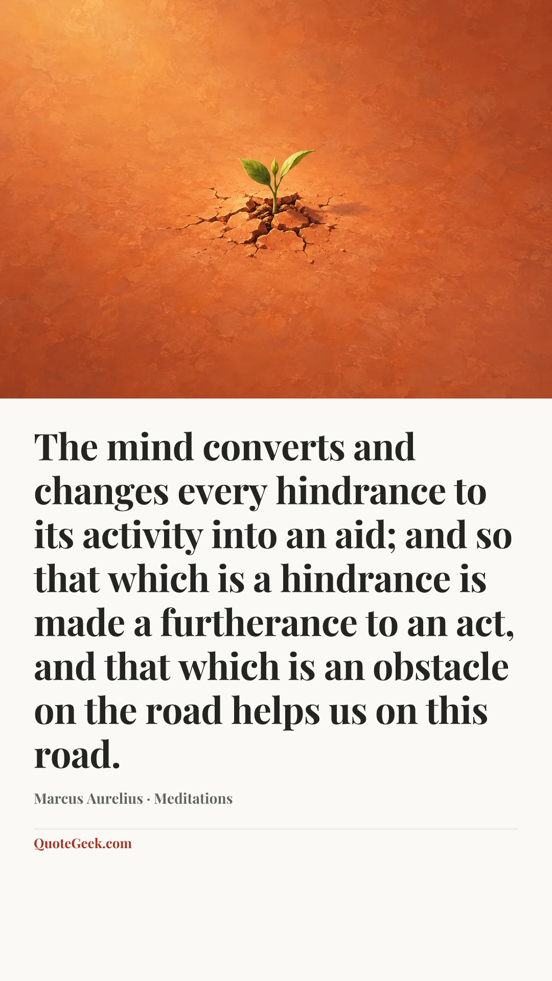 “The mind converts and changes every hindrance to its activity into an aid; and so that which is a hindrance is made a furtherance to an act, and that which is an obstacle on the road helps us on this road.” — Marcus Aurelius · Meditations. Illustrated QuoteGeek card.