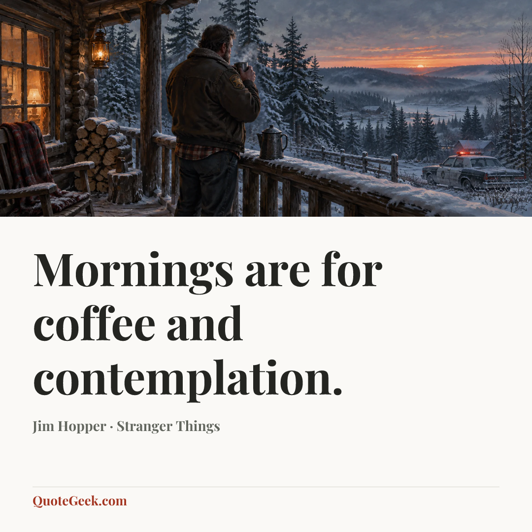 “Mornings are for coffee and contemplation.” — Jim Hopper · Stranger Things. Illustrated QuoteGeek card.