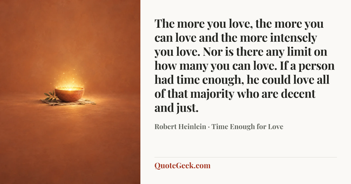 “The more you love, the more you can love and the more intensely you love. Nor is there any limit on how many you can love. If a person had time enough, he could love all of that majority who are decent and just.” — Robert Heinlein · Time Enough for Love. Illustrated QuoteGeek card.