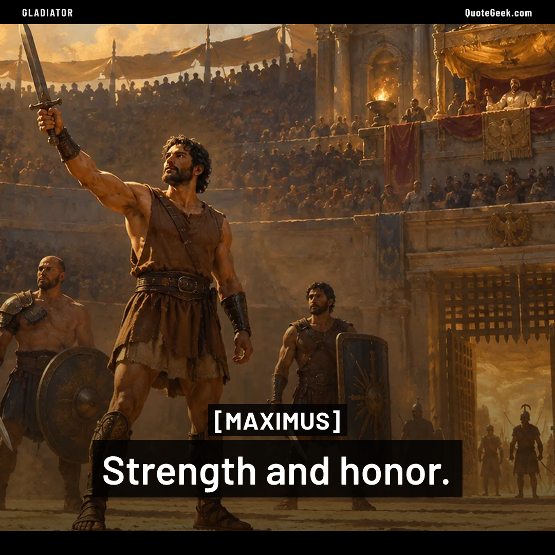 “Strength and honor.” — Maximus · Gladiator. Illustrated QuoteGeek card.