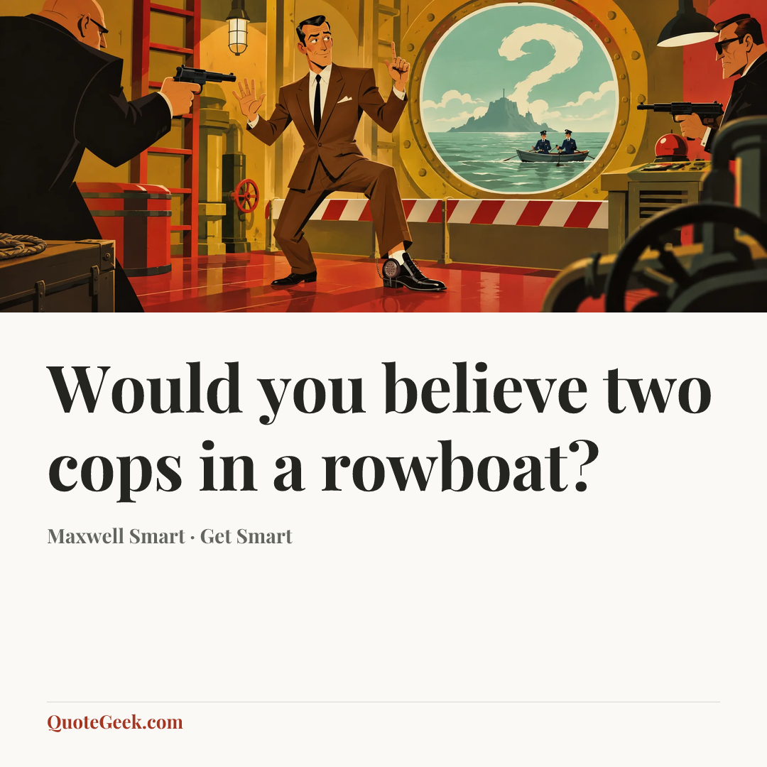 “Would you believe two cops in a rowboat?” — Maxwell Smart · Get Smart. Illustrated QuoteGeek card.