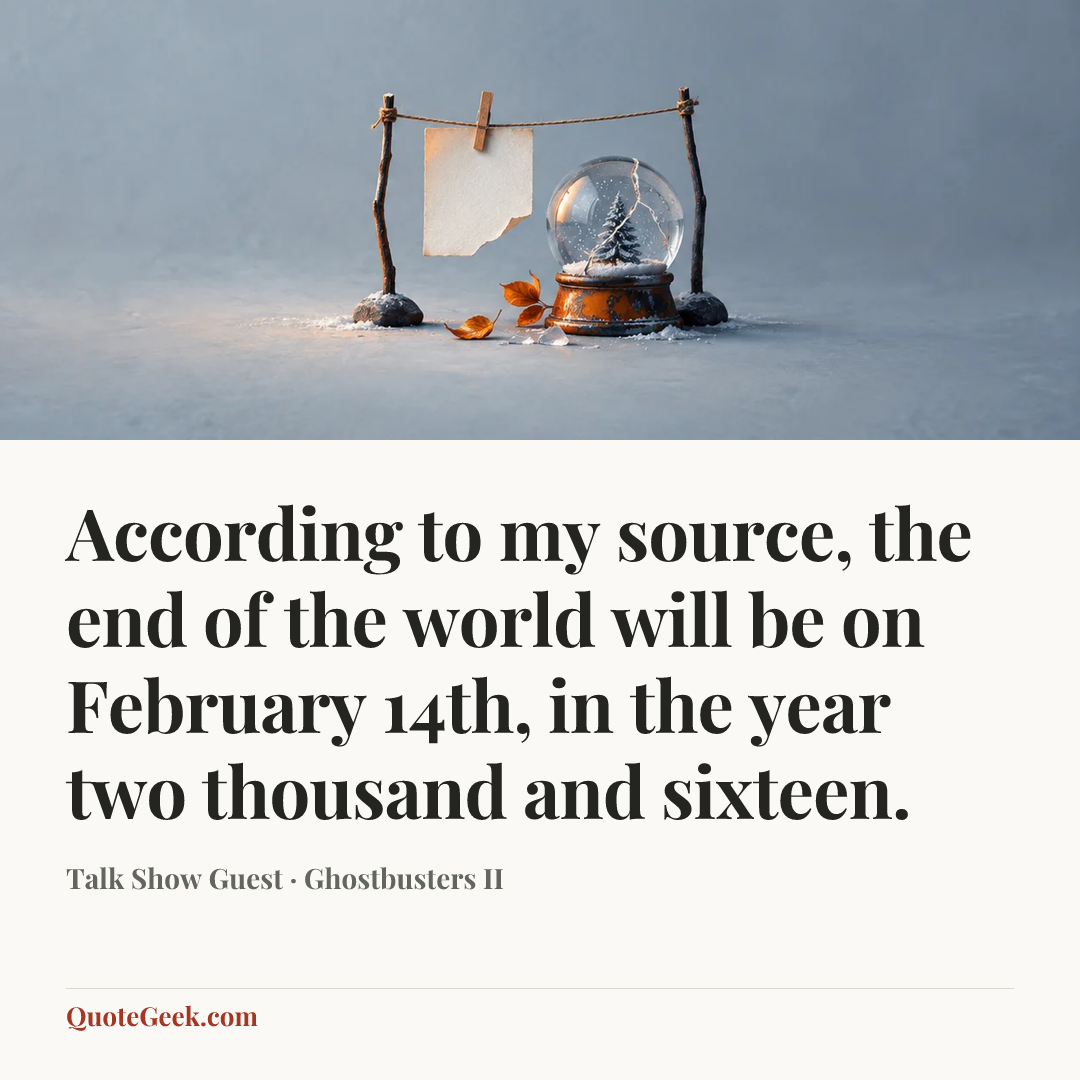 “According to my source, the end of the world will be on February 14th, in the year two thousand and sixteen.” — Talk Show Guest · Ghostbusters II. Illustrated QuoteGeek card.