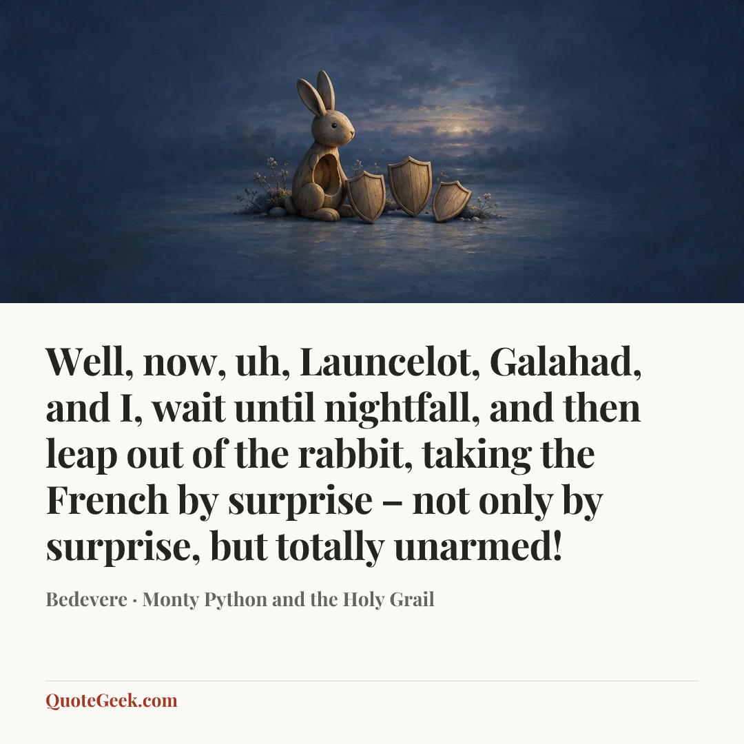 “Well, now, uh, Launcelot, Galahad, and I, wait until nightfall, and then leap out of the rabbit, taking the French by surprise – not only by surprise, but totally unarmed!” — Bedevere · Monty Python and the Holy Grail. Illustrated QuoteGeek card.