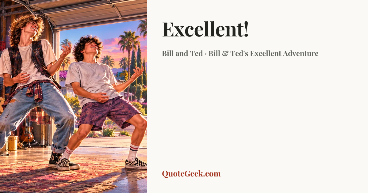 “Excellent!” — Bill and Ted · Bill & Ted's Excellent Adventure. Illustrated QuoteGeek card.