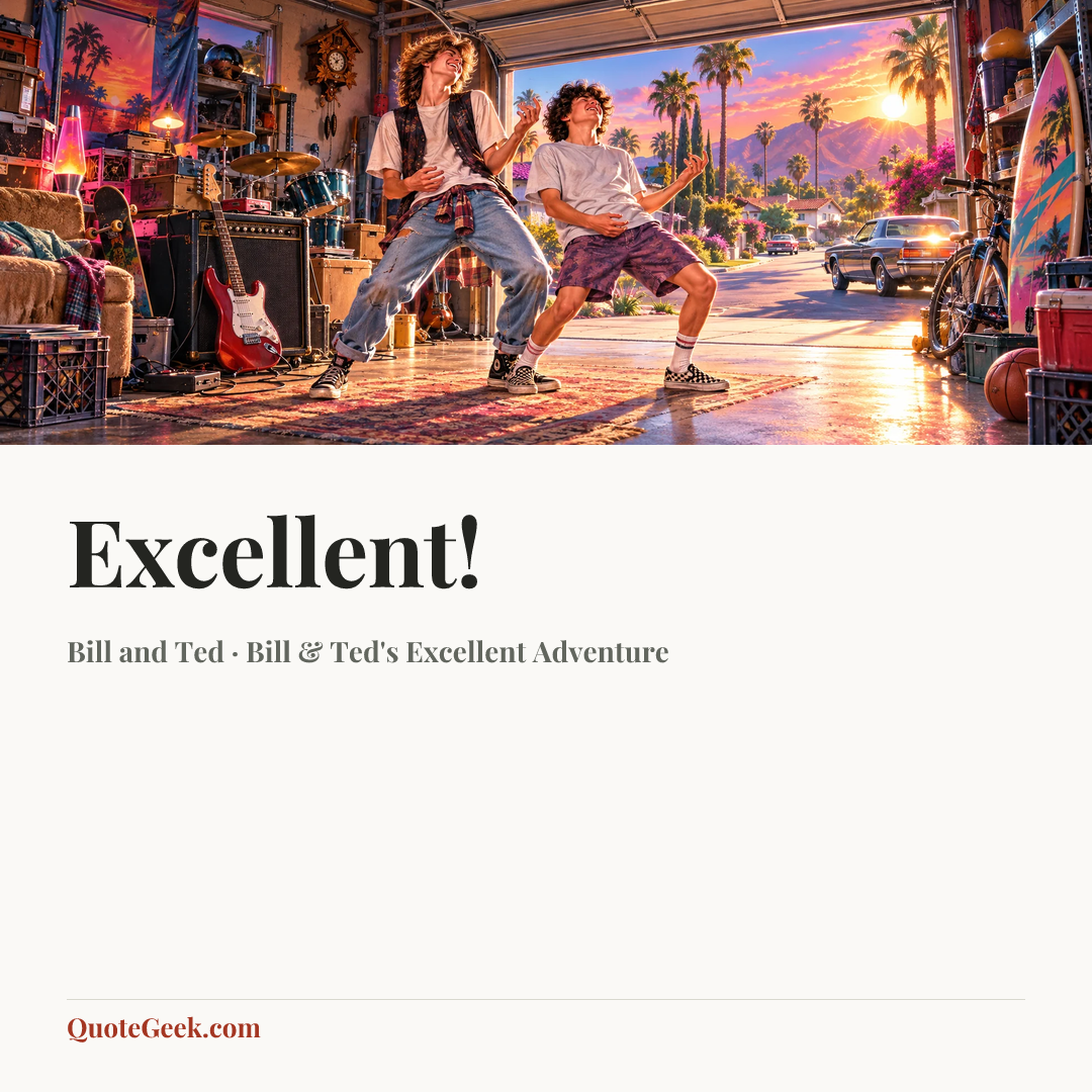 “Excellent!” — Bill and Ted · Bill & Ted's Excellent Adventure. Illustrated QuoteGeek card.