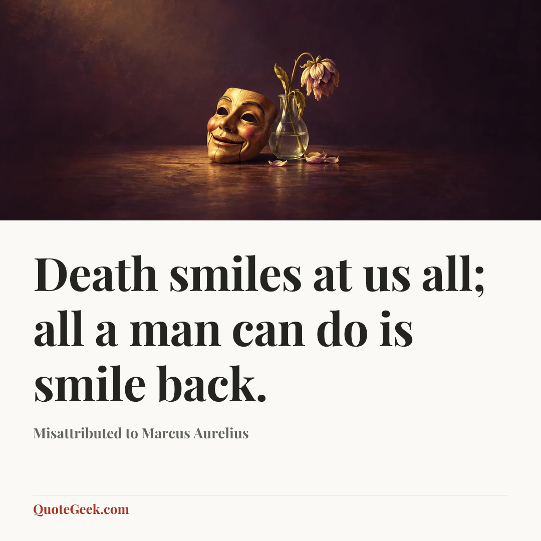 “Death smiles at us all; all a man can do is smile back.” — Misattributed to Marcus Aurelius. Illustrated QuoteGeek card.