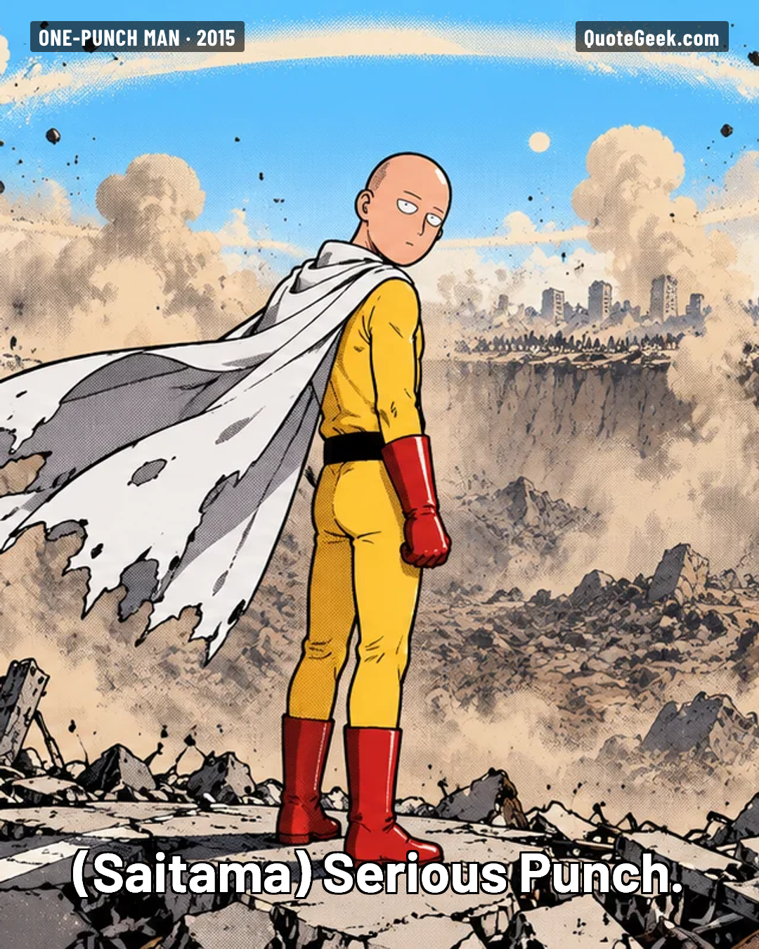 “Serious Punch.” — Saitama · One-Punch Man. Illustrated QuoteGeek card.