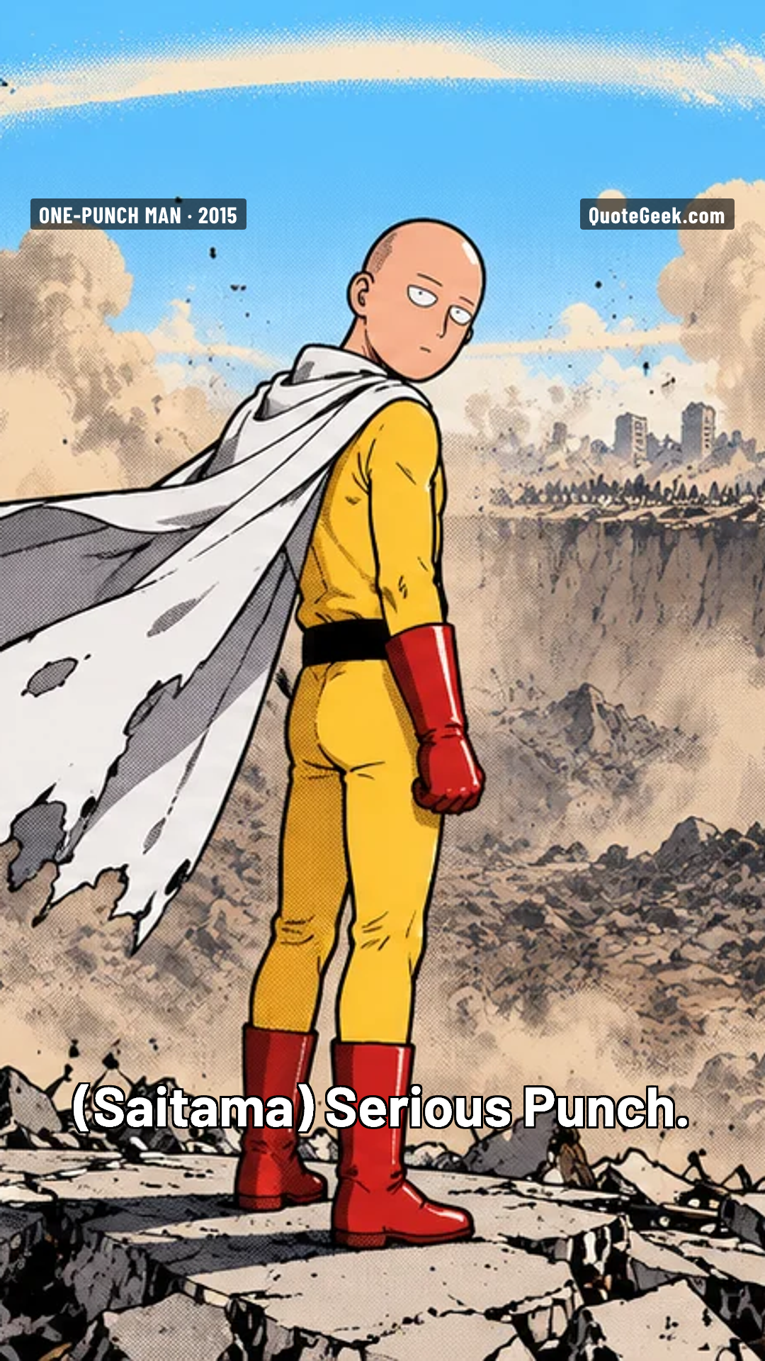 “Serious Punch.” — Saitama · One-Punch Man. Illustrated QuoteGeek card.