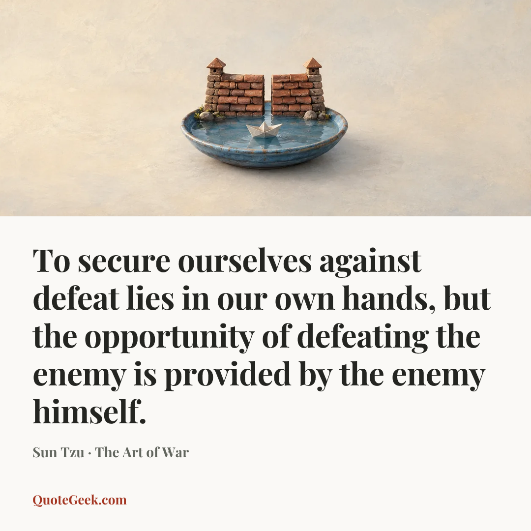 “To secure ourselves against defeat lies in our own hands, but the opportunity of defeating the enemy is provided by the enemy himself.” — Sun Tzu · The Art of War. Illustrated QuoteGeek card.