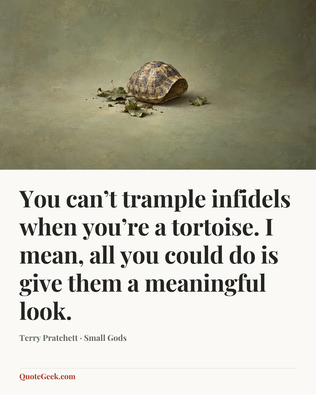 “You can’t trample infidels when you’re a tortoise. I mean, all you could do is give them a meaningful look.” — Terry Pratchett · Small Gods. Illustrated QuoteGeek card.