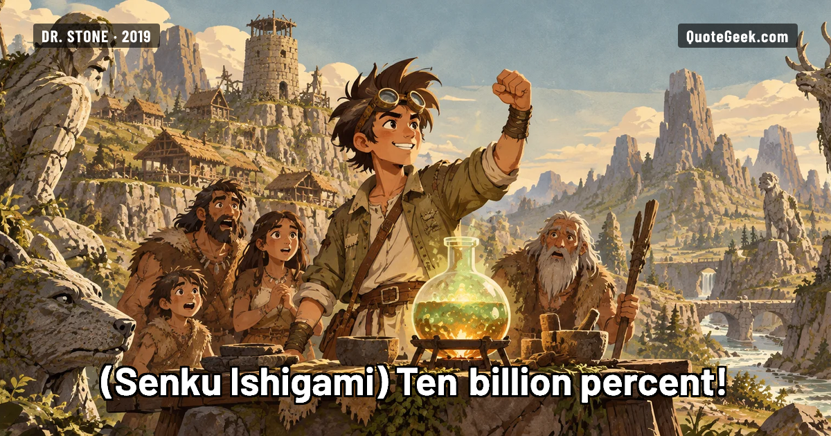 “Ten billion percent!” — Senku Ishigami · Dr. Stone. Illustrated QuoteGeek card.