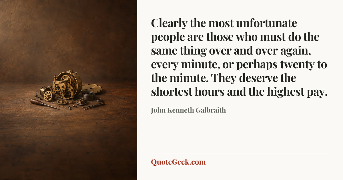 “Clearly the most unfortunate people are those who must do the same thing over and over again, every minute, or perhaps twenty to the minute. They deserve the shortest hours and the highest pay.” — John Kenneth Galbraith. Illustrated QuoteGeek card.