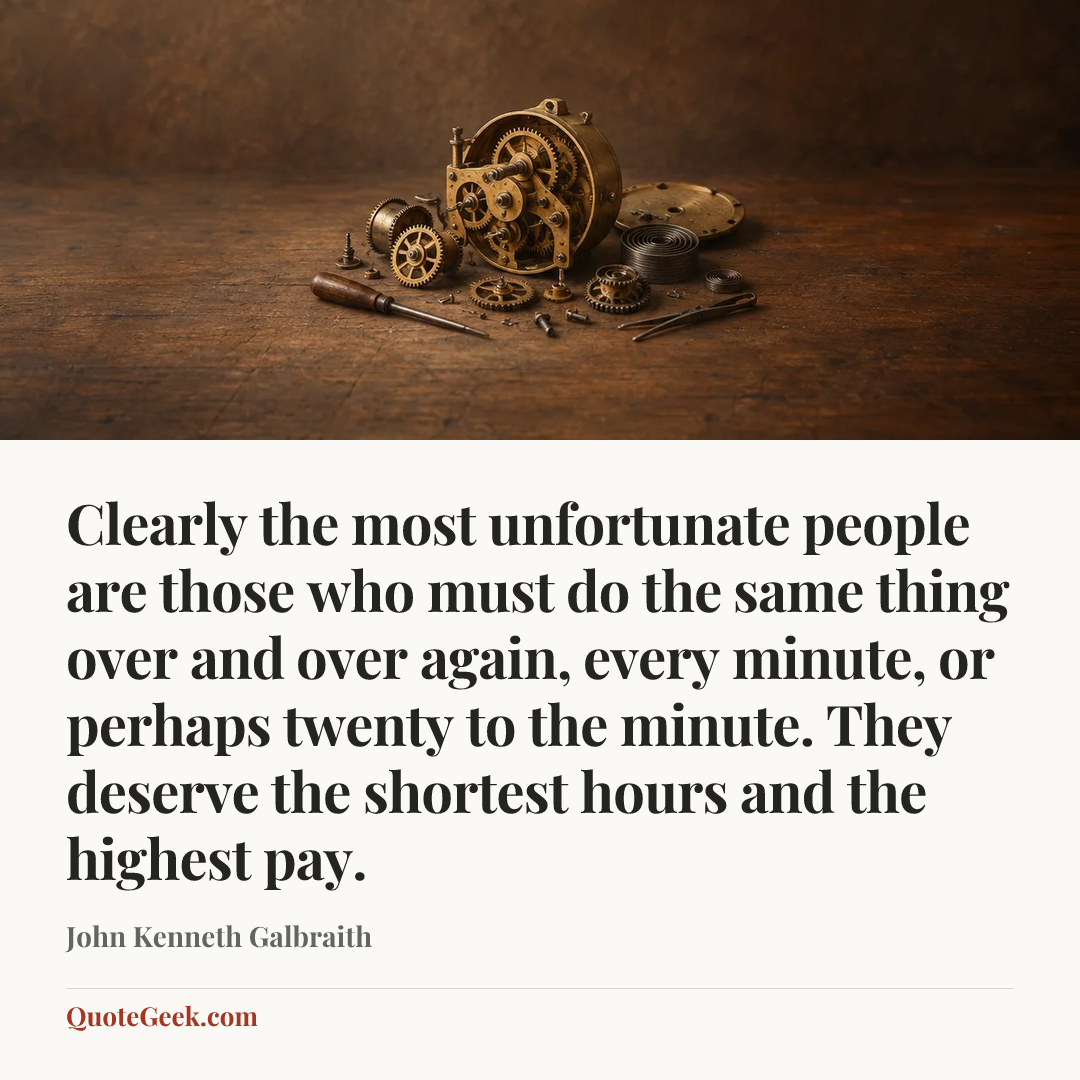 “Clearly the most unfortunate people are those who must do the same thing over and over again, every minute, or perhaps twenty to the minute. They deserve the shortest hours and the highest pay.” — John Kenneth Galbraith. Illustrated QuoteGeek card.