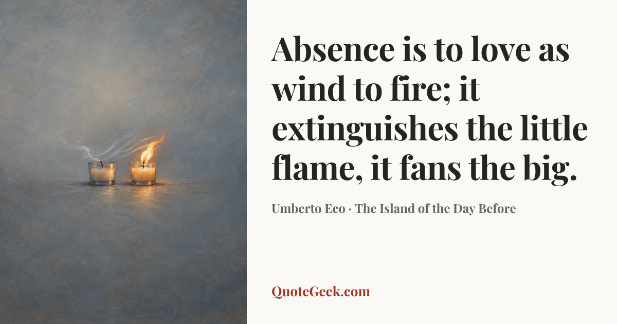 “Absence is to love as wind to fire; it extinguishes the little flame, it fans the big.” — Umberto Eco · The Island of the Day Before. Illustrated QuoteGeek card.