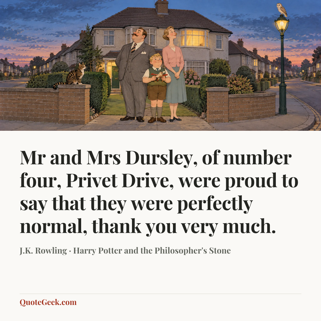 “Mr and Mrs Dursley, of number four, Privet Drive, were proud to say that they were perfectly normal, thank you very much.” — J.K. Rowling · Harry Potter and the Philosopher's Stone. Illustrated QuoteGeek card.