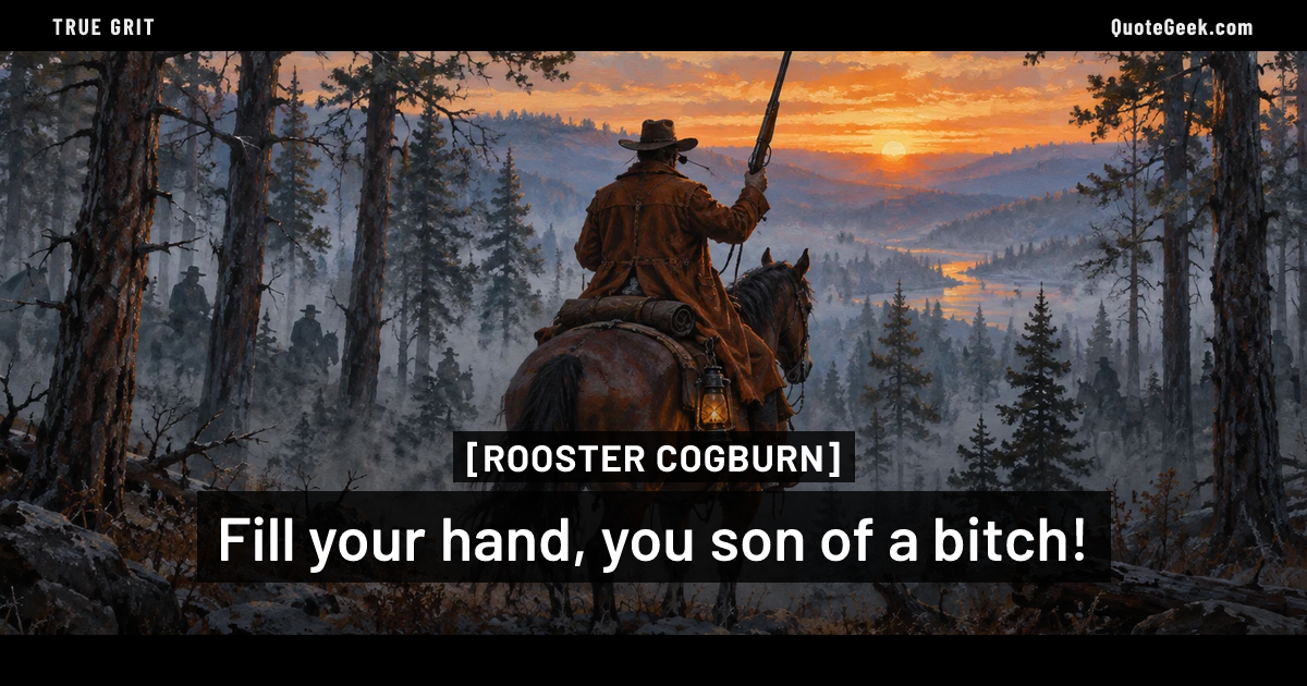 “Fill your hand, you son of a bitch!” — Rooster Cogburn · True Grit. Illustrated QuoteGeek card.