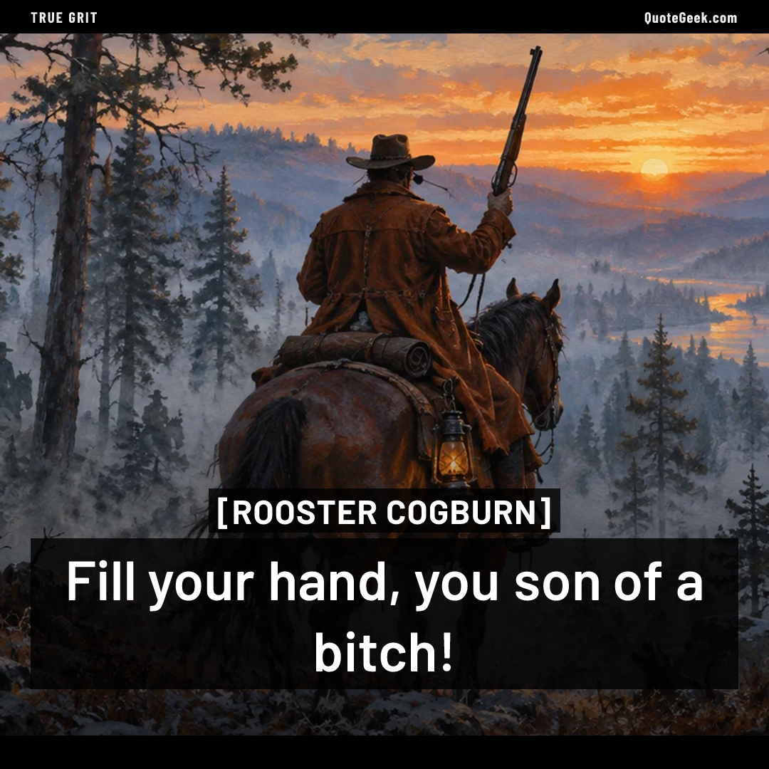 “Fill your hand, you son of a bitch!” — Rooster Cogburn · True Grit. Illustrated QuoteGeek card.