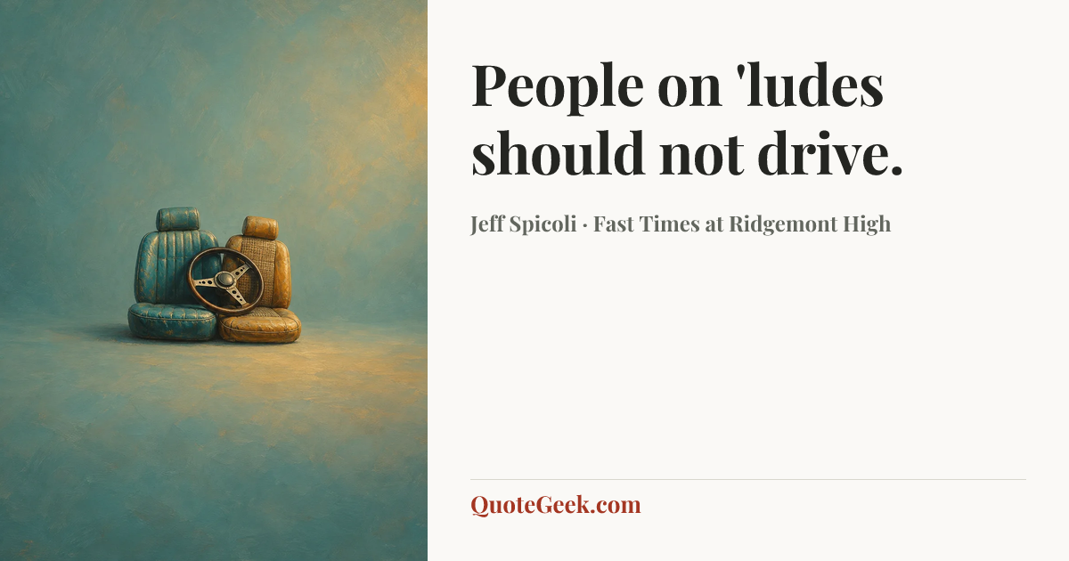“People on 'ludes should not drive.” — Jeff Spicoli · Fast Times at Ridgemont High. Illustrated QuoteGeek card.